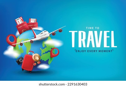 Time To Travel 3D Realistic Creative Banner Design with Luggage and Airplane one a Globe with Pins and Clouds then Passports and Plane Tickets at the back on a Blue Background. Vector Illustration