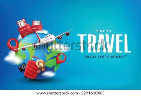 Time To Travel 3D Realistic Creative Banner Design with Luggage and Airplane one a Globe with Pins and Clouds then Passports and Plane Tickets at the back on a Blue Background. Vector Illustration