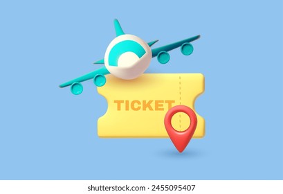 Time to travel. 3D render summer traveling elements: airplane. ticket and pointer. Summer vacation design