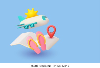 Time to travel. 3D render summer traveling elements: map, airplane, sun and flip flops. Summer vacation design