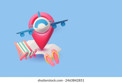 Time to travel. 3D render summer traveling elements: map, airplane, beach chair and flip flops. Summer vacation design