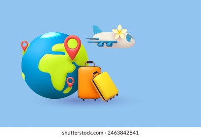 Time to travel. 3D render traveling elements: Earth planet, airplane and suitcase luggage. Summer vacation design. Air transportation