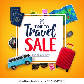 Time To Travel Ads Banner Up To 50% Off  in White Space for Text with Vector 3D Realistic Traveling Item Elements in Yellow Background. For Promotional Purposes svg