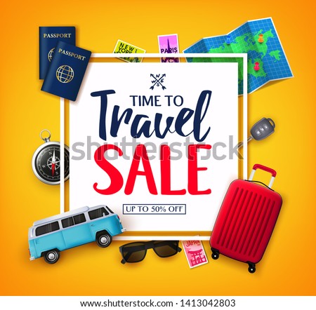 Time To Travel Ads Banner Up To 50% Off  in White Space for Text with Vector 3D Realistic Traveling Item Elements in Yellow Background. For Promotional Purposes