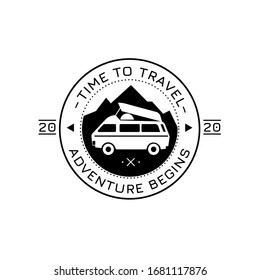 Time to travel. Adventure begins. Vector emblem of retro camp van in minimal flat style. Can be used as a template for your logo design, emblem, badge, sticker, pin.