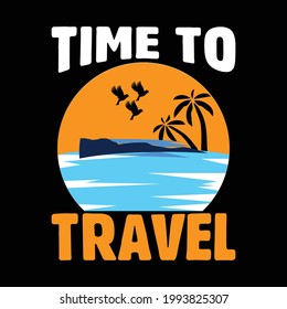 Time to travel - Adventure shirt vector for travel lover. Sunset vector with ocean and palm tree, birds.