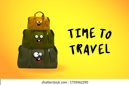 Time to travel. Advertising for a travel agency. Funny postcard for tourists. Suitcase character.