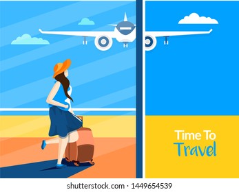 Time To Travel advertising template design with female tourist holding luggage bag going to trip or vacation concept.