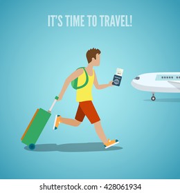 Time to travel agency web site flyer brochure vacation tourism vector illustration. Man with ticket in hand backpack and suitcase baggage running on plane. People visit countries cities landmarks.