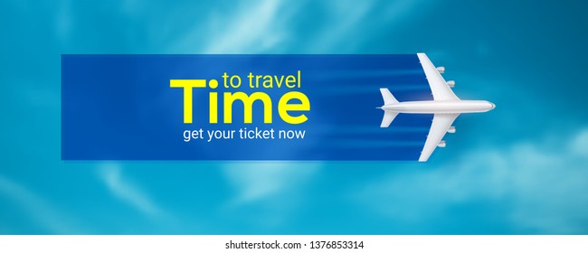 Time to travel. Air transport between countries and continents. Get your ticket now. Realistic icon of airplane on background of blue sky. Vector 3d illustration for touristic and travel agency