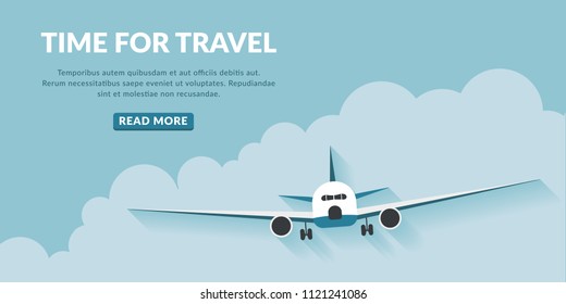 Tiempo para viajar con avión y nube. Fondo de concepto de viaje con Botón.