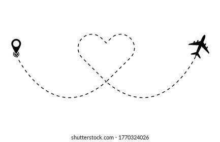 Time to Travel. Airplane line path route with start point and dash line trace.