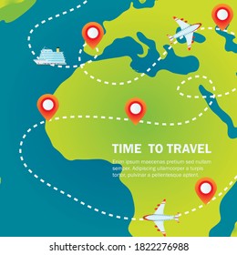 Time to travel. Airplane path on the map. Traveling around the world.