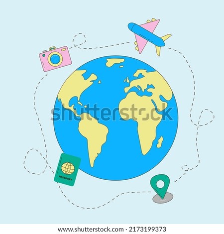 It's time to travel. Around the world trip, bright illustration with icons of planet earth, plane, camera, passport, location bookmark. Vector illustration in flat style