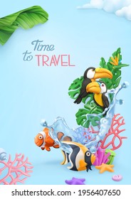 Time to travel background. 3d vector realistic illustration. Tropical jungle, coral reef, toucans, fish