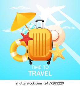 Time to travel. Background with travel bag, hat, sunglasses, airplane. Vacation time. Summer time. Vector illustration.