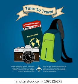 Time to travel. Backpack, international passport and boarding passes tickets for traveling by plane. Concept for travel and vacations. Vector illustration