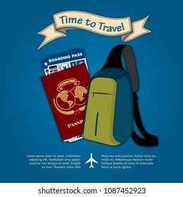 Time to travel. Bag, international passport and boarding passes tickets for traveling by plane. Concept for travel and vacations. Vector illustration