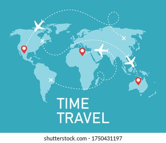 Time to travel banner with airplane on world map background. Tourism business concept. Plane flying according to destination. 