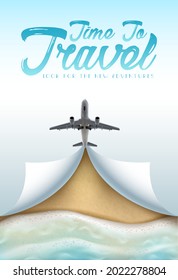 Time to travel banner with airplane in the sky and realistic beach with sand and ocean waves from top view.