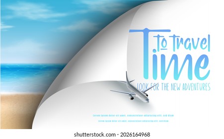 Time to travel banner with airplane in the sky and realistic beach with sand and ocean waves from top view.