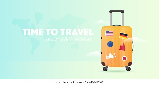 Time to travel banner with travel bag. Vacation. Road trip. Tourism. Journey. Travelling illustration. Modern flat design