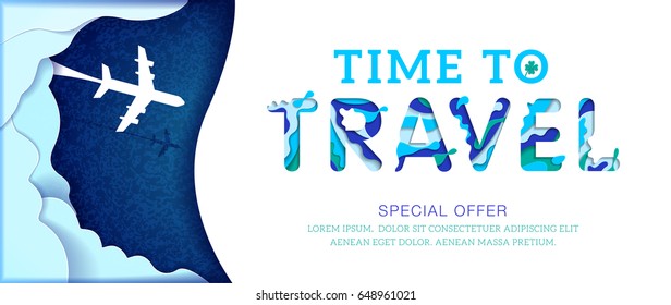 Time To Travel Banner With Blue Abstract Paper Cut Shapes, Special Offer. Vector Illustration.