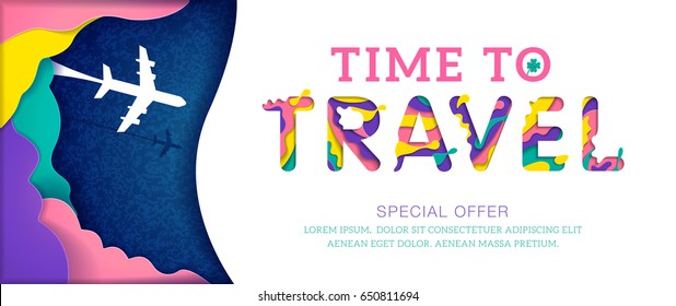 Time To Travel Banner With Colorful Abstract Paper Cut Shapes, Special Offer. Vector Illustration.
