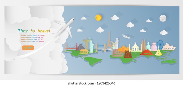 Time to travel banner with colorful famous landmarks paper art style for travel or tourism website,vector journey illustration.