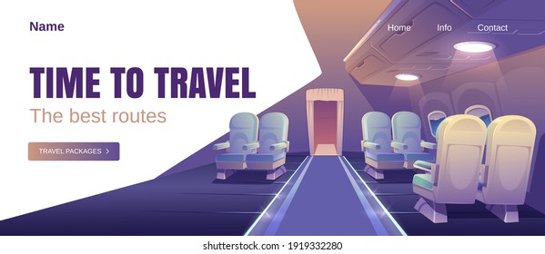 Time to travel banner. Concept of airline journey with best routes for vacation. Vector landing page with cartoon luxury interior of business class plane cabin with comfortable seats