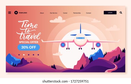 Time to travel banner, coupon or voucher design template. Airplane above mountain landscape and hand drawn calligraphy lettering. Vector illustration of flying plane. Summer trip, tourism background