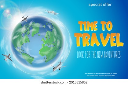 Time to travel banner with green globe and flying planes around. Horizontal orientation.