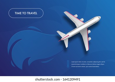 Time to travel banner. High detailed white airplane isolated on blue background. Large passenger jet airliner top view. Vector illustration