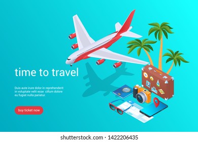 Time to travel banner. Isometric icons of palm tree, plane, passenger luggage, mobile phone, camera and ticket