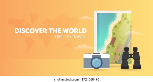 Time to travel banner with map, camera and binoculars. Vacation. Road trip. Tourism. Journey. Travelling illustration. Modern flat design