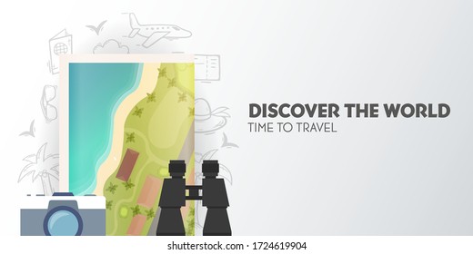 Time to travel banner with map, camera and binoculars. Vacation. Road trip. Tourism. Journey. Travelling illustration. Modern flat design