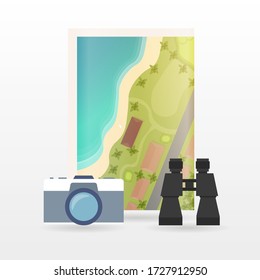 Tiempo de viajar banner con mapa, cámara y binoculares. Vacaciones. Viaje por carretera. Turismo. Viaje. Ilustración itinerante. Diseño plano moderno