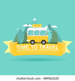 Time to travel banner. Mountain, forest, bus in flat design concept.