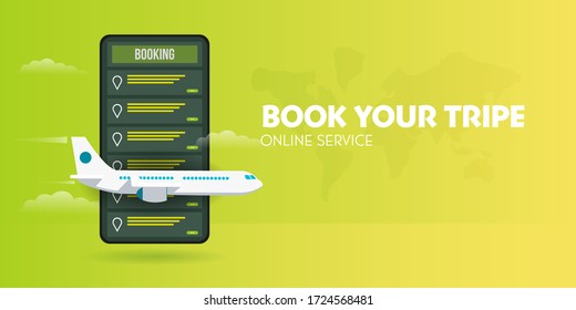 Time to travel banner Online booking service. Book travel on the smartphone. Trip planning. Online reservation of plane and train tickets