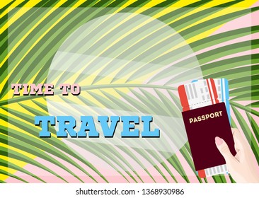 Time to travel banner with passport and tickets. Vector illustration.