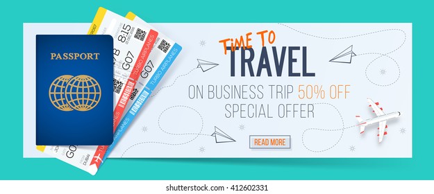 Time to travel banner with passport and tickets, Business air trip from discount 50% off.