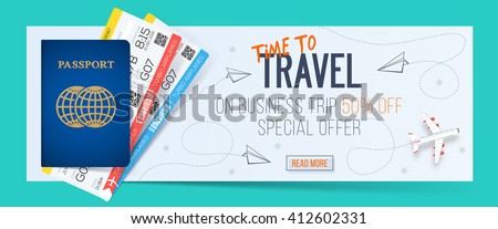 Time to travel banner with passport and tickets, Business air trip from discount 50% off.