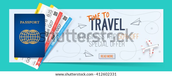 Time to travel banner with passport and\
tickets, Business air trip from discount 50%\
off.