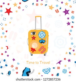 Time to Travel. Banner with plastic bag with seamless pattern on the theme of tourism and recreation. Flat vector illustration EPS 10