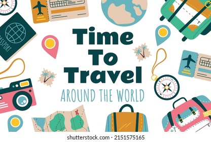 Time to travel banner poster background design element. Vector cartoon design illustration