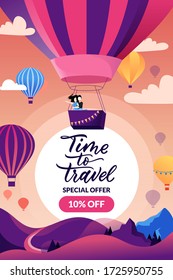 Time to travel banner, poster design template. Couple in hot air balloon in sunset sky, mountain landscape and hand drawn calligraphy lettering. Vector illustration. Summer trip and tourism background