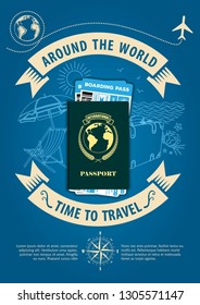 Time to travel banner or poster with passport and boarding passes tickets. Concept for travel and vacations. Vector illustration