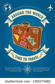 Time to travel banner or poster with retro suitcase. Concept for travel and vacations. Vector illustration