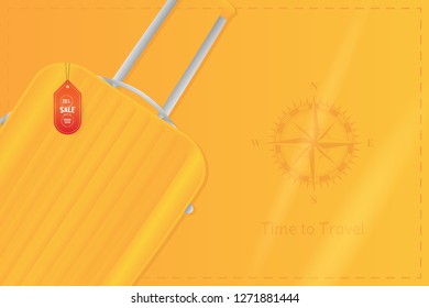 Time to Travel. Banner with Sale and special offer 25% on tourism. Plastic travel bag with vintage compass on an orange background