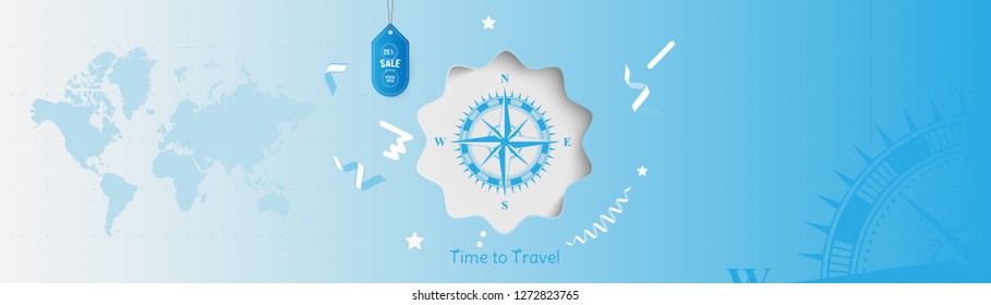 Time to Travel. Banner with Sale and special offer 25% on tourism. Concept with vintage compass and world map on an blue background.